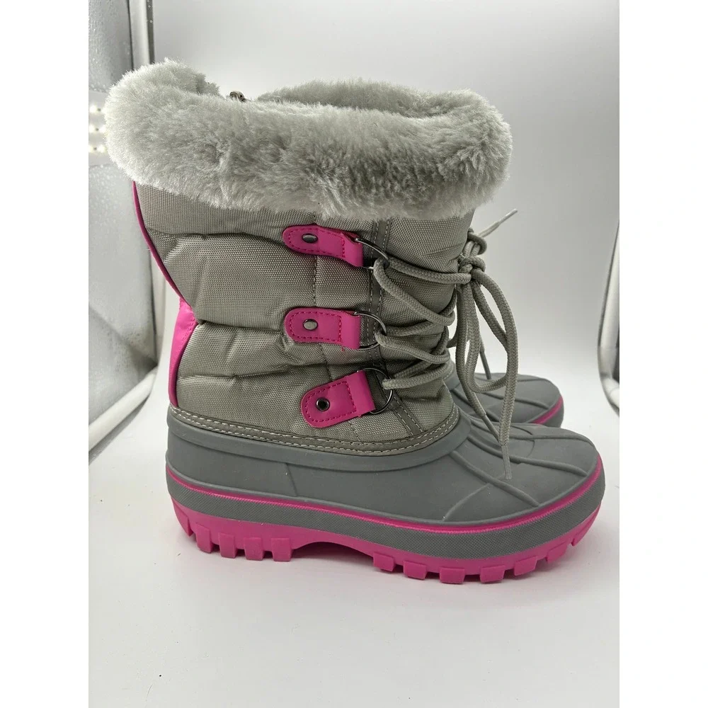Forester Girls Gray Pink Faux Fur Trim Winter Snow Duck Boots Size 2 DDBM5FEC